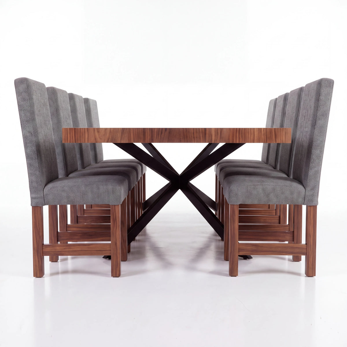 Comedor Rectangular de 6 Sillas en Nogal con Tapiz Gris Acolchado - Detalle de Ensamble | LEMICH Alta Ebanistería Residencial