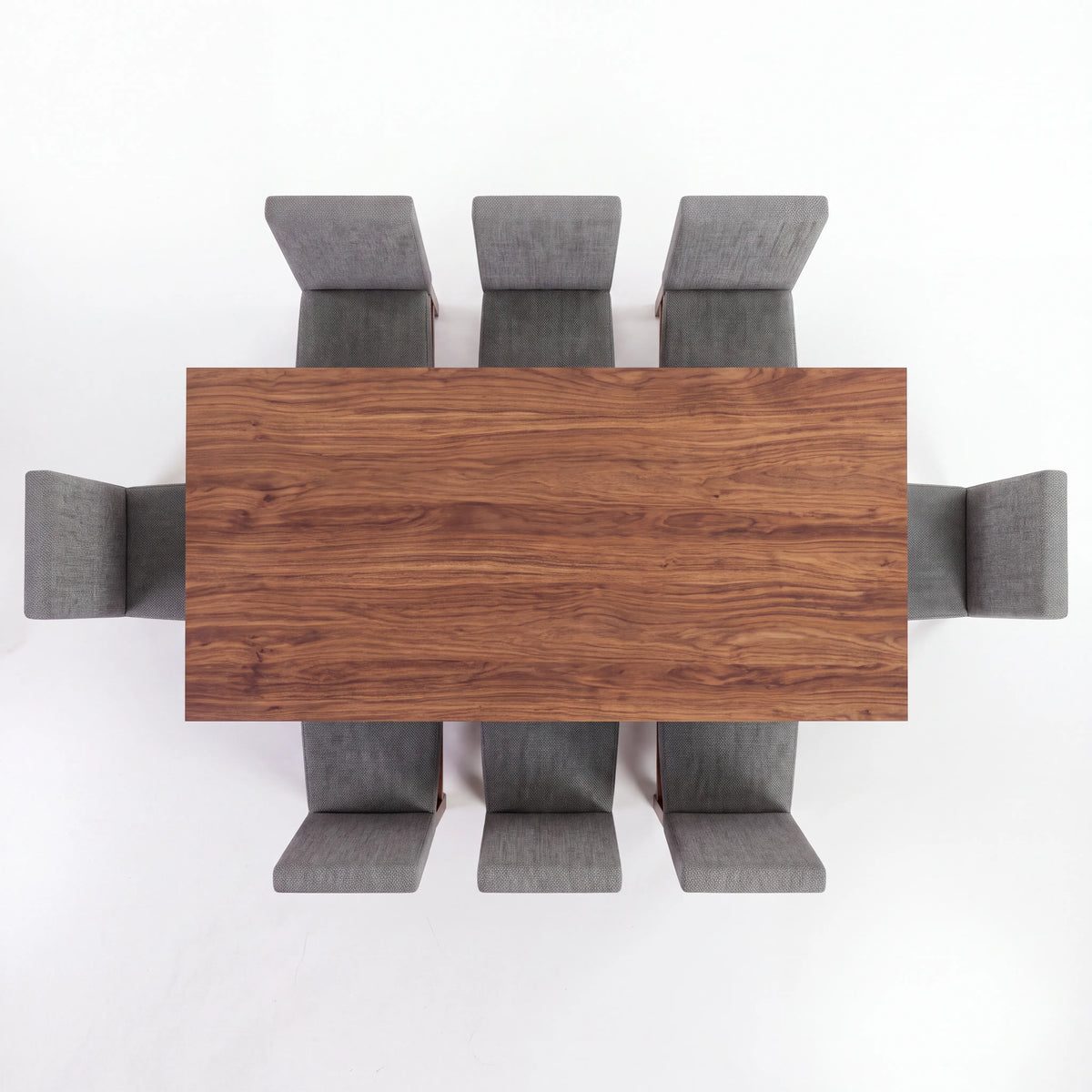 Comedor Rectangular de 6 Sillas en Nogal con Tapiz Gris Acolchado - Detalle de Ensamble | LEMICH Alta Ebanistería Residencial