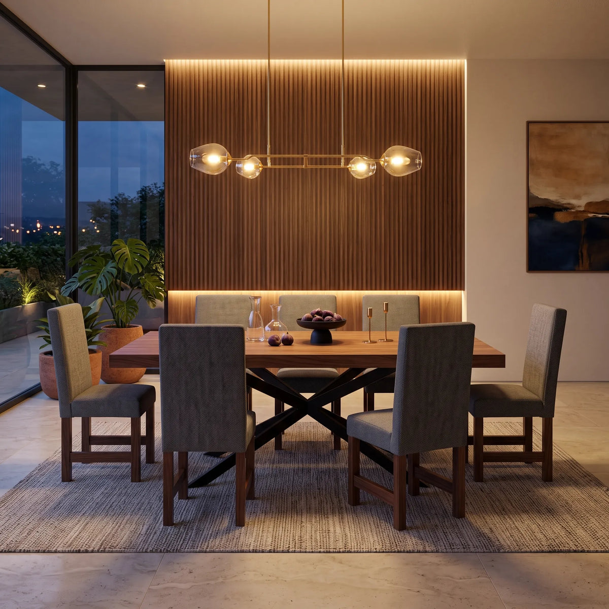 Comedor Rectangular de 6 Sillas en Nogal con Tapiz Gris Acolchado - Detalle de Ensamble | LEMICH Alta Ebanistería Residencial