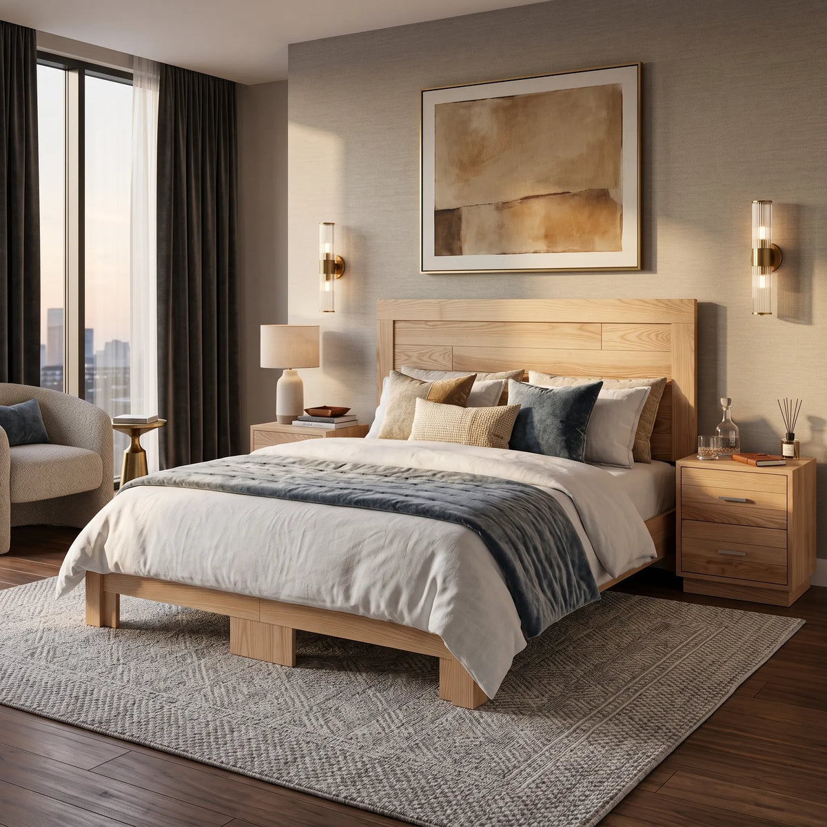 Recámara Minimalista en Madera Clara con Cama y Par de Burós - Detalle de Ensamble | LEMICH Alta Ebanistería Residencial