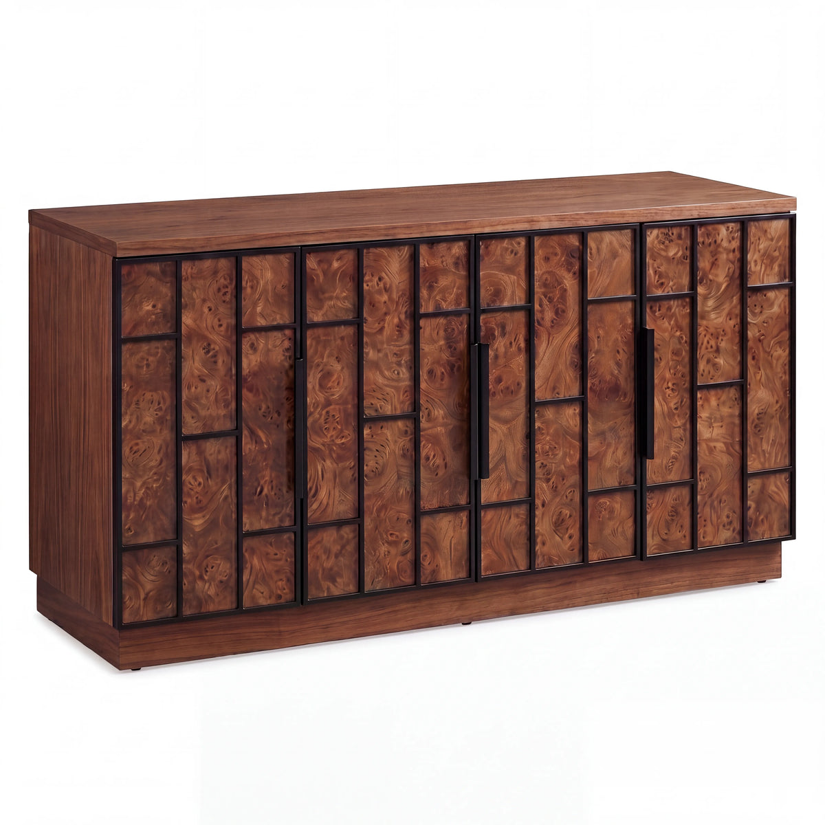 Credenza Buffet en Raíz de Nogal con Relieve Geométrico y Marco Metálico - Detalle de Ensamble | LEMICH Alta Ebanistería Residencial