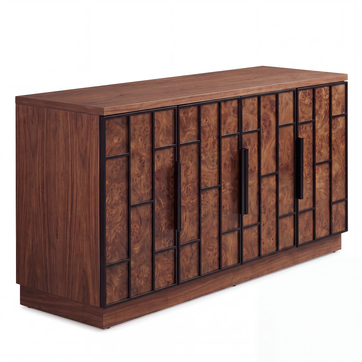 Credenza Buffet en Raíz de Nogal con Relieve Geométrico y Marco Metálico - Detalle de Ensamble | LEMICH Alta Ebanistería Residencial