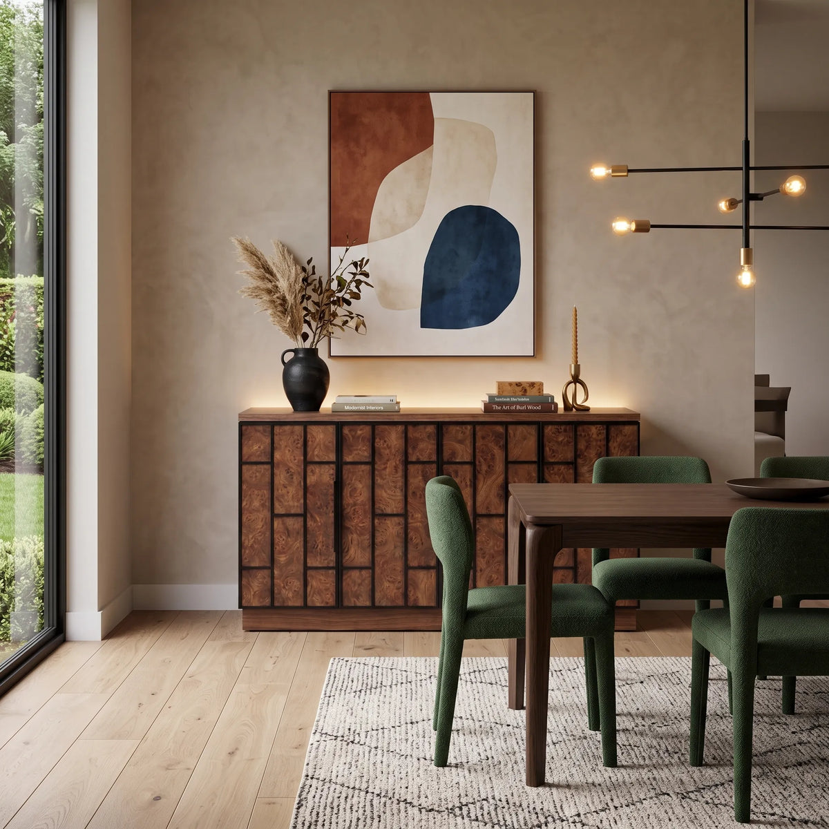 Credenza Buffet en Raíz de Nogal con Relieve Geométrico y Marco Metálico - Detalle de Ensamble | LEMICH Alta Ebanistería Residencial