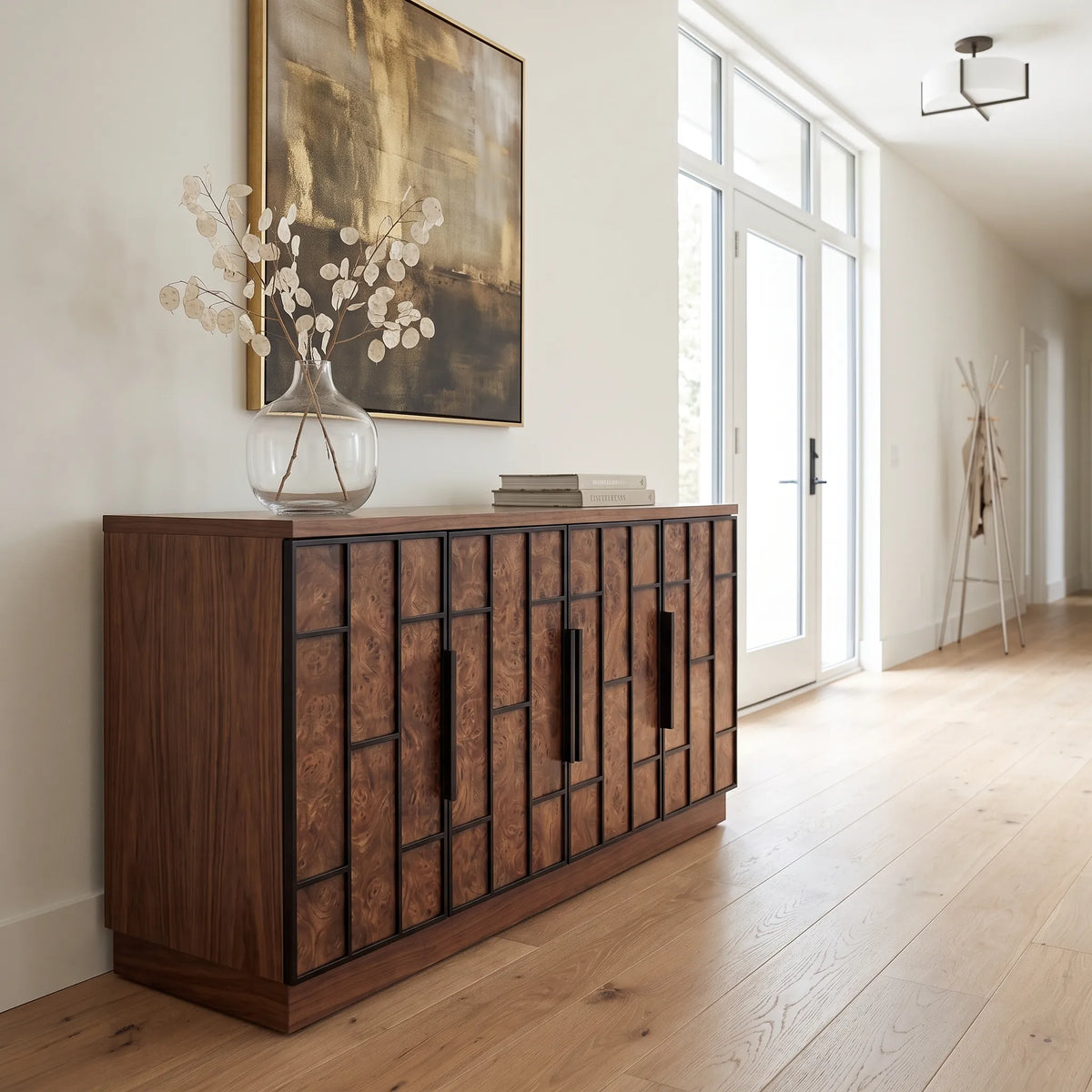 Credenza Buffet en Raíz de Nogal con Relieve Geométrico y Marco Metálico - Detalle de Ensamble | LEMICH Alta Ebanistería Residencial