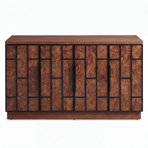 Credenza Buffet en Raíz de Nogal con Relieve Geométrico y Marco Metálico - Detalle de Ensamble | LEMICH Alta Ebanistería Residencial