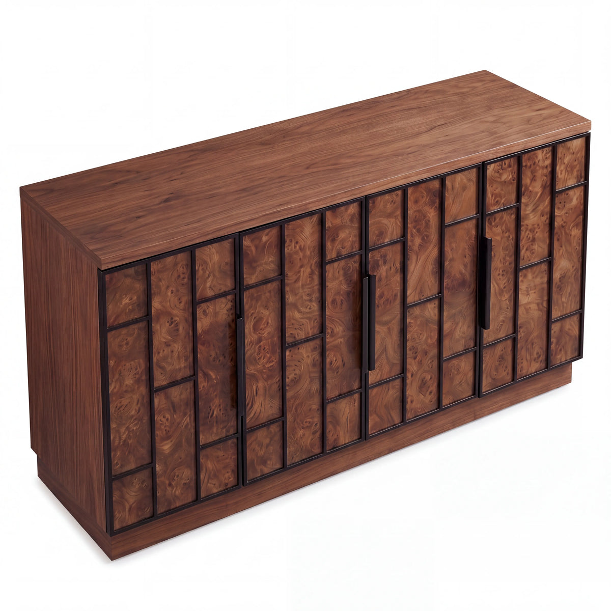 Credenza Buffet en Raíz de Nogal con Relieve Geométrico y Marco Metálico - Detalle de Ensamble | LEMICH Alta Ebanistería Residencial