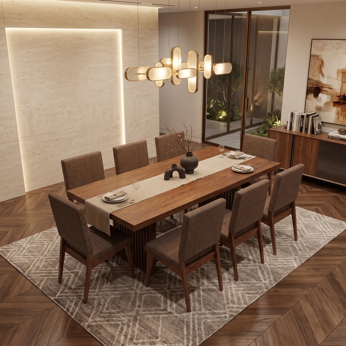 Comedor de 6 Sillas Tapizadas en Nogal Pulido de Alta Ebanistería - Ambientada | LEMICH Alta Ebanistería Residencial