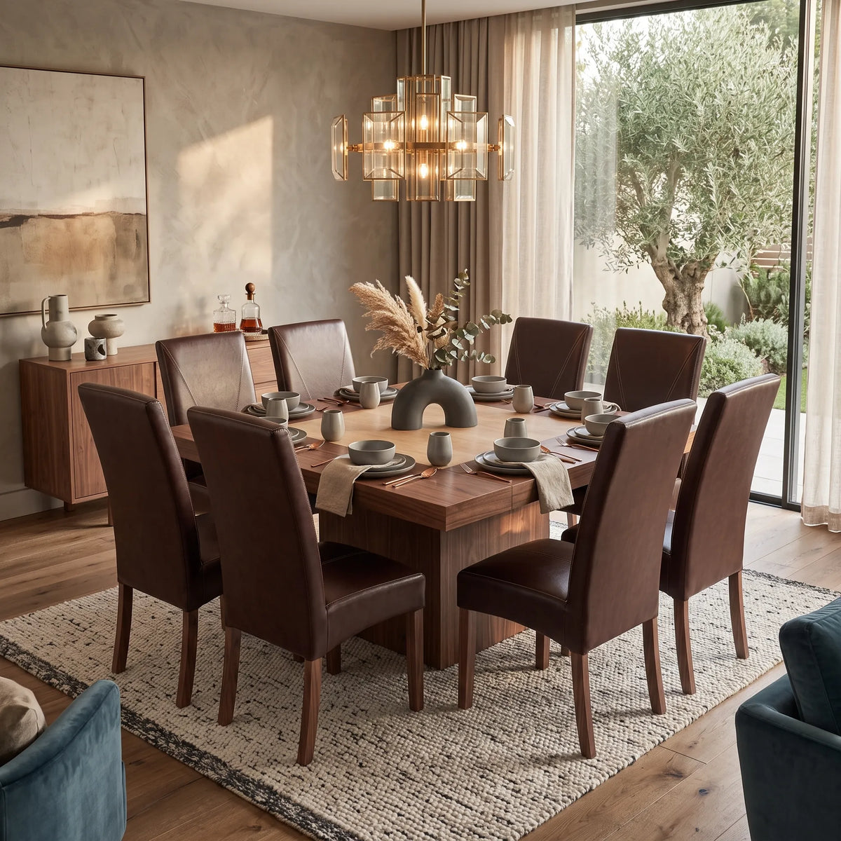 Comedor de 8 Sillas en Nogal Macizo y Tapiz Texturizado - Detalle de Ensamble | LEMICH Alta Ebanistería Residencial