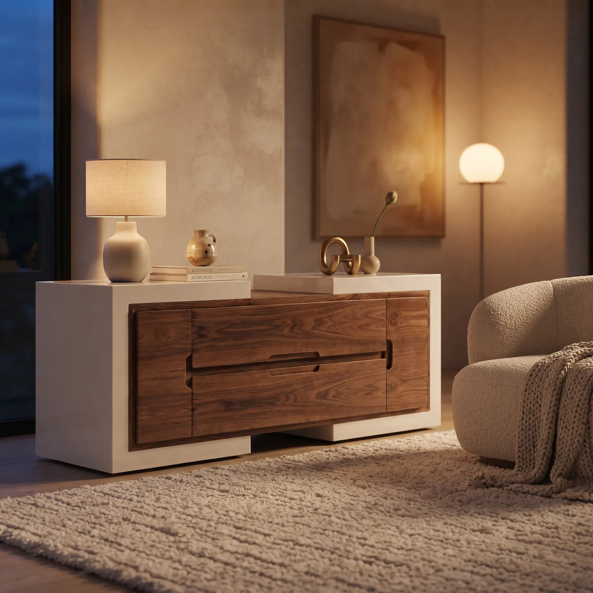 Credenza Buffet Moderna en Nogal con Tiradores Ocultos y 4 Puertas - Detalle de Ensamble | LEMICH Alta Ebanistería Residencial