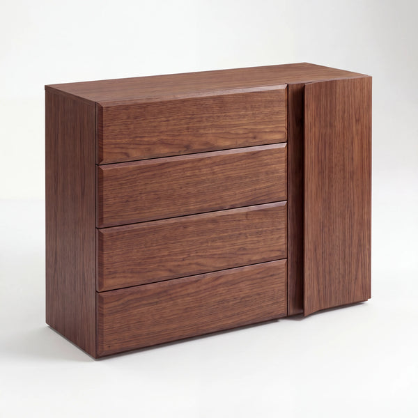 Cómoda Dresser de 4 Cajones y Puerta Lateral en Chapa de Nogal - Ambientada | LEMICH Alta Ebanistería Residencial