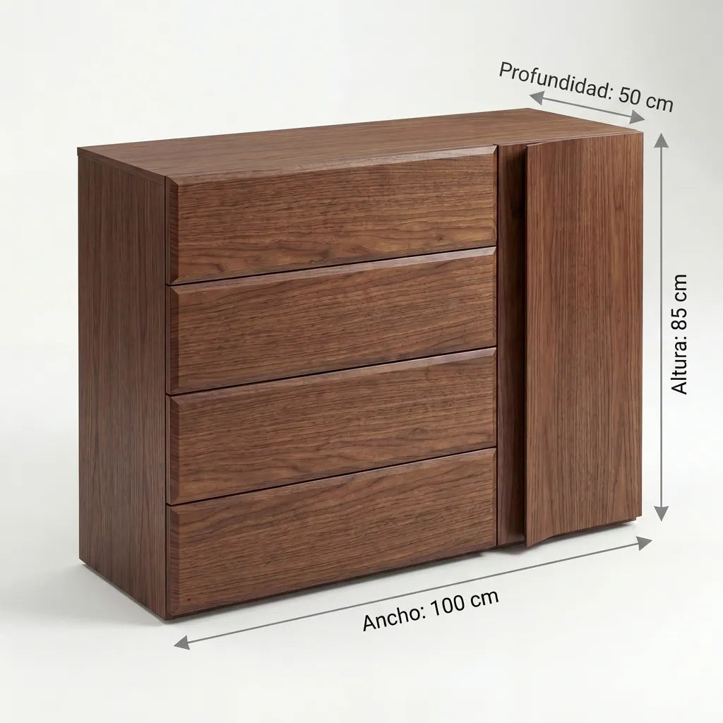 Cómoda Dresser de 4 Cajones y Puerta Lateral en Chapa de Nogal - Detalle de Ensamble | LEMICH Alta Ebanistería Residencial