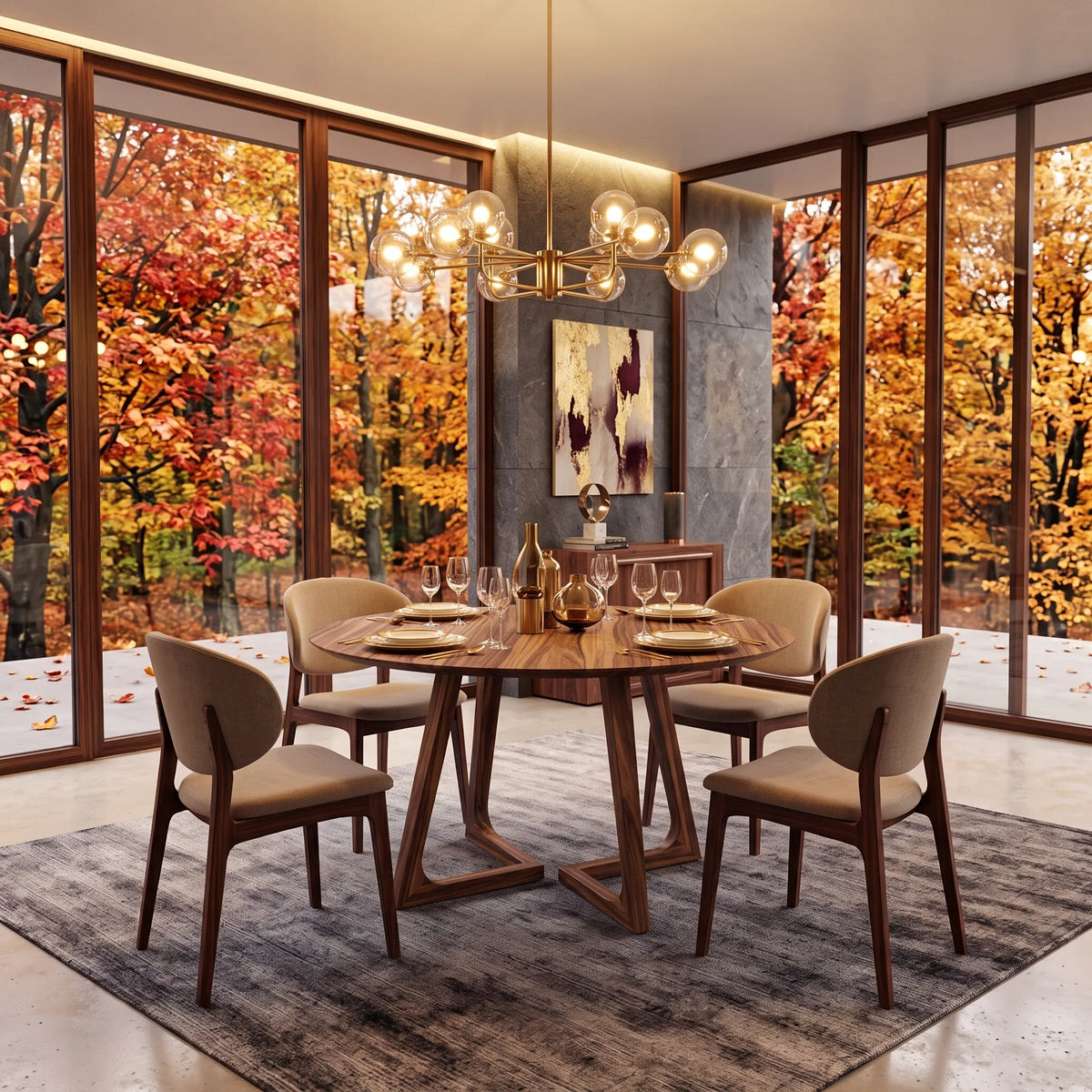 Mesa de Comedor Redonda Prisma en Nogal Americano - Ambientada | LEMICH Alta Ebanistería Residencial