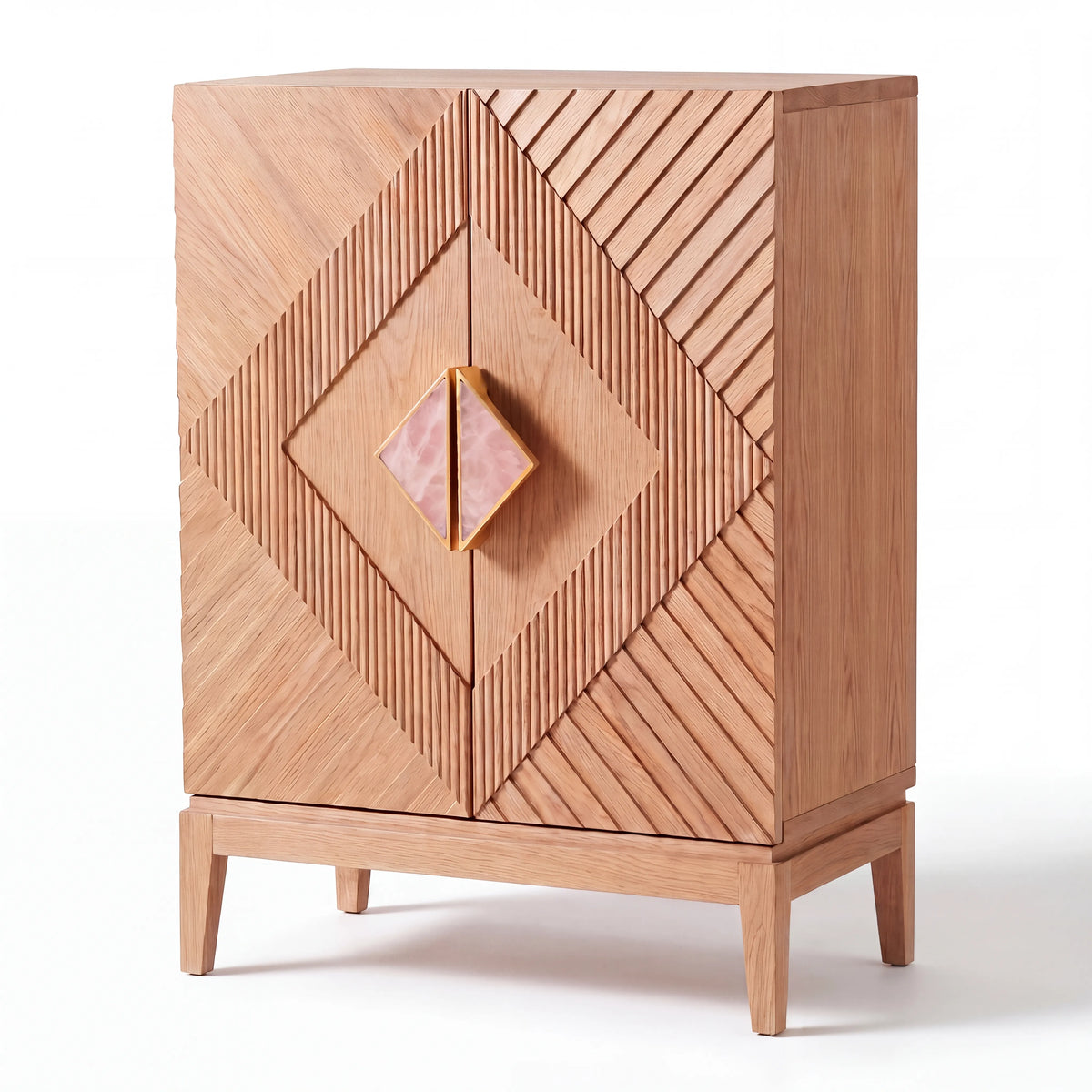 Gabinete Bar Diamante en Roble Natural y Mármol Rosa - Detalle de Ensamble | LEMICH Alta Ebanistería Residencial