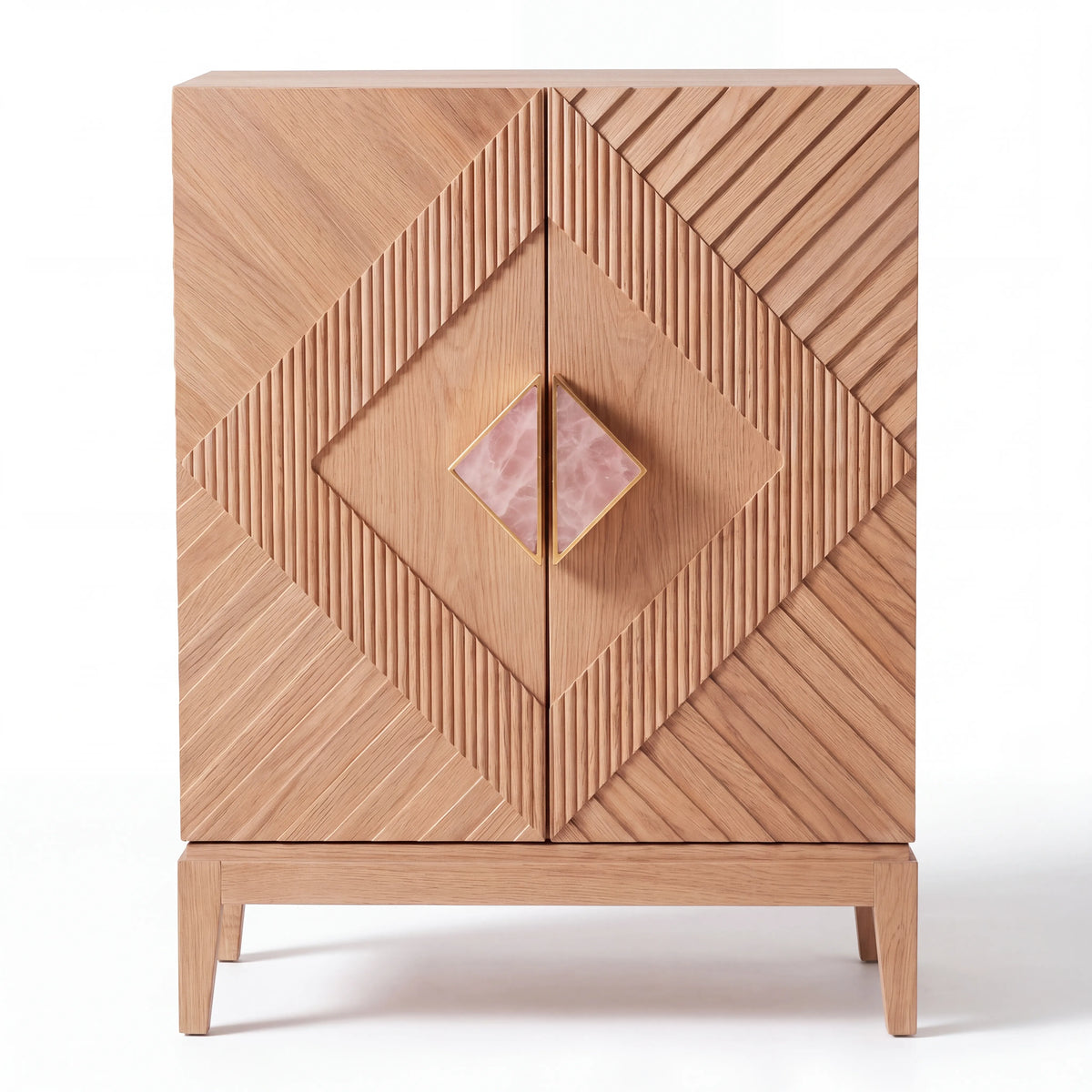 Gabinete Bar Diamante en Roble Natural y Mármol Rosa - Ambientada | LEMICH Alta Ebanistería Residencial