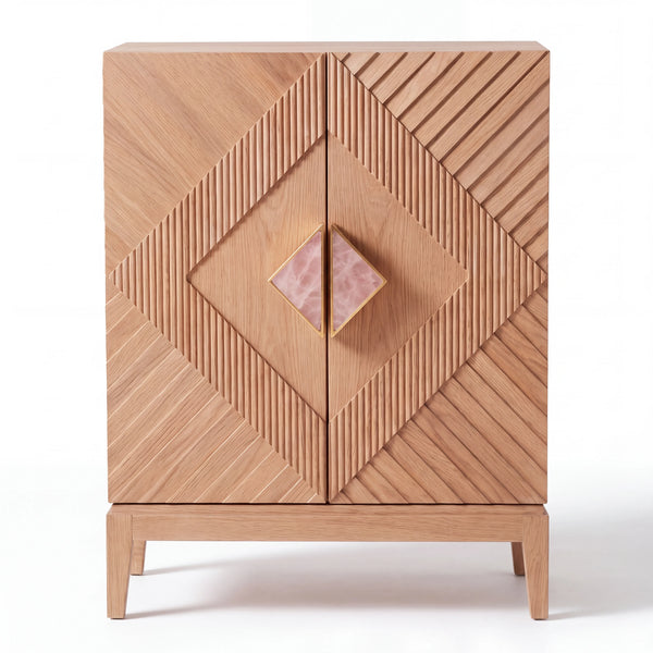 Gabinete Bar Diamante en Roble Natural y Mármol Rosa - Ambientada | LEMICH Alta Ebanistería Residencial