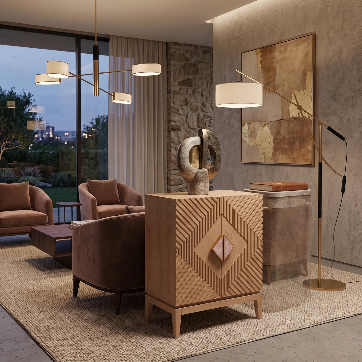 Gabinete Bar Diamante en Roble Natural y Mármol Rosa - Ambientada | LEMICH Alta Ebanistería Residencial