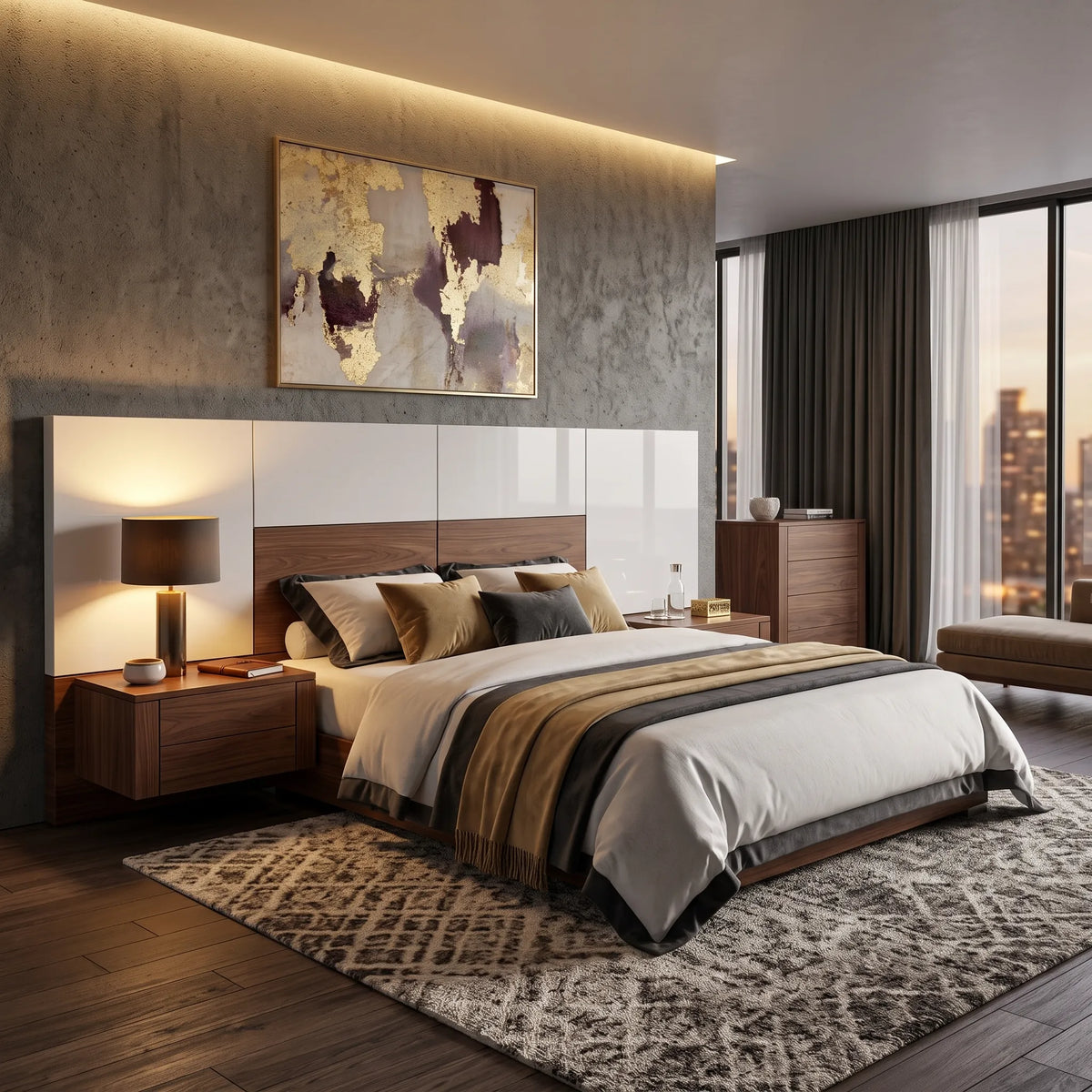Recámara Contemporánea Milano en Nogal y Laca Blanca - Ambientada | LEMICH Alta Ebanistería Residencial