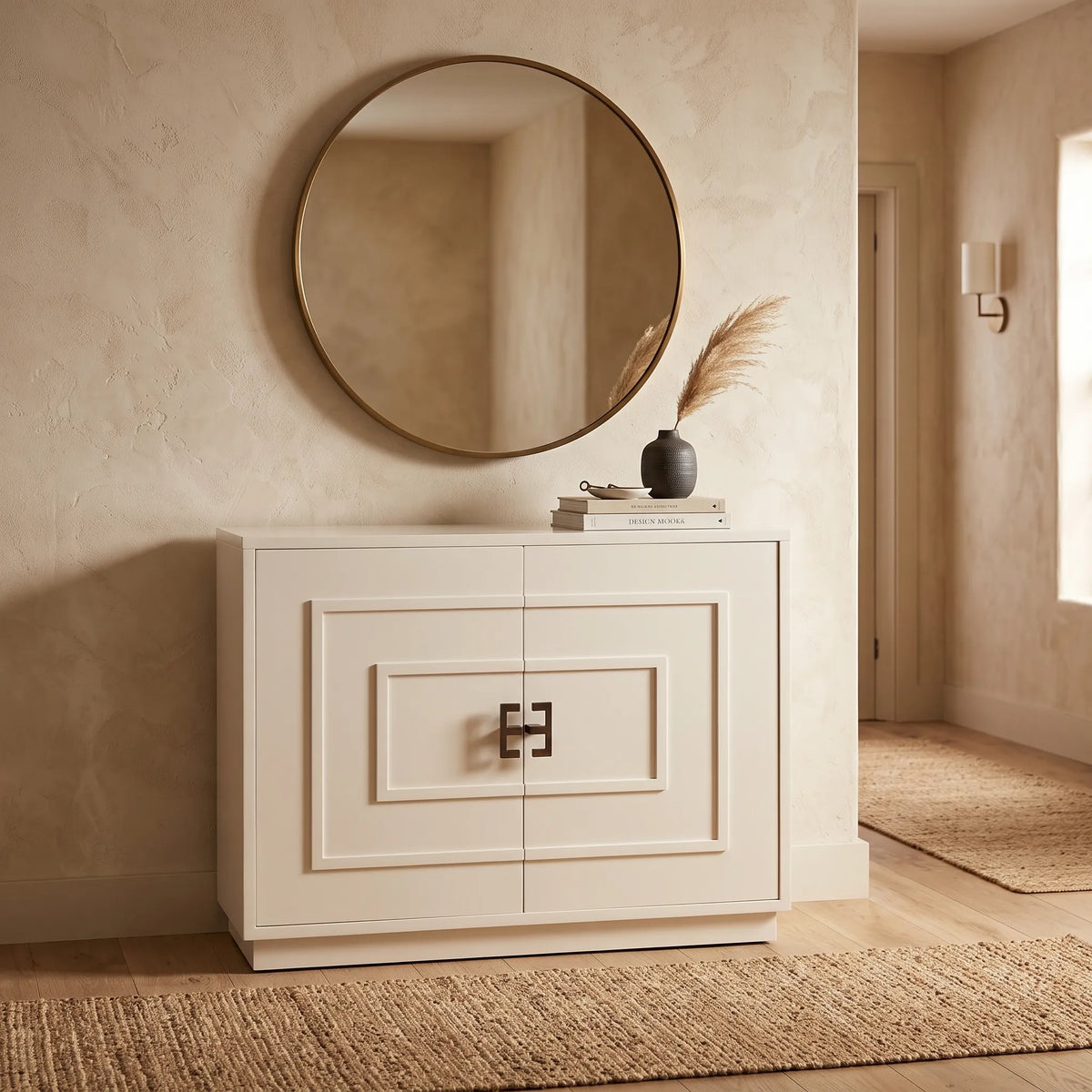 Gabinete Art Déco Astrid en Shagreen Crema y Bronce - Ambientada | LEMICH Alta Ebanistería Residencial