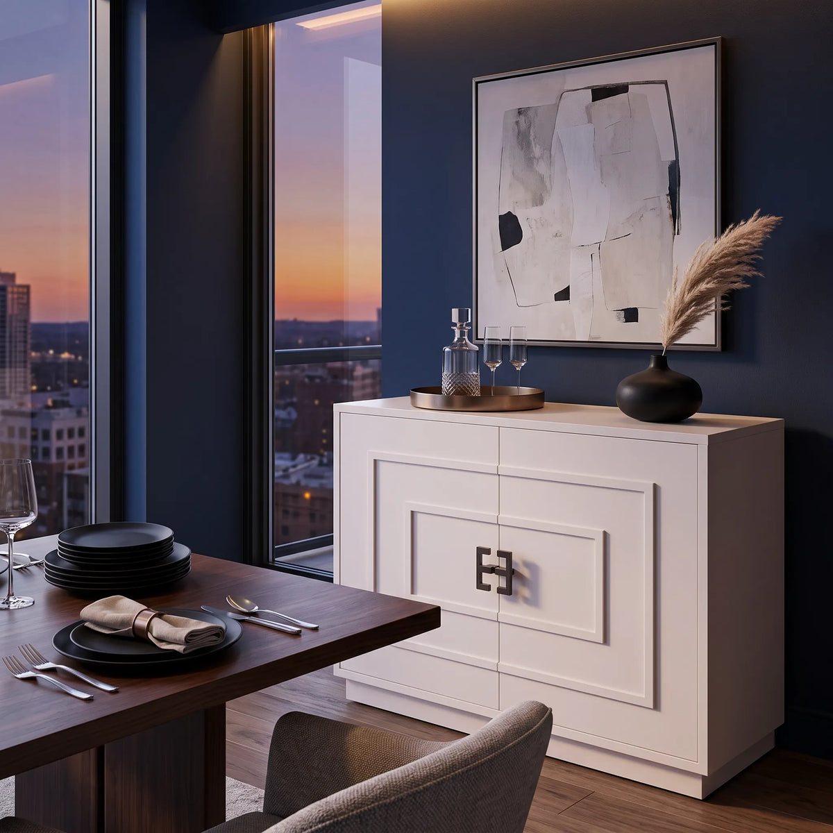 Gabinete Art Déco Astrid en Shagreen Crema y Bronce - Ambientada | LEMICH Alta Ebanistería Residencial