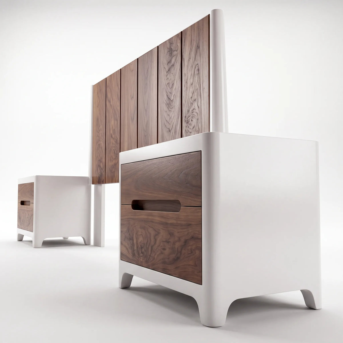 Juego de Cabecera Alistonada en Nogal y Burós Bicolor Blanco Mate - Detalle de Ensamble | LEMICH Alta Ebanistería Residencial