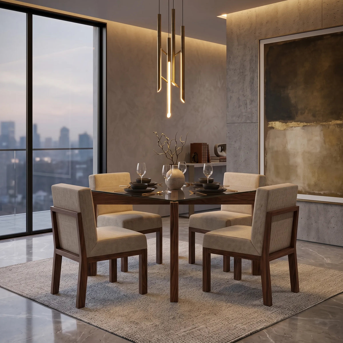 Comedor Cuadrado Ámsterdam en Nogal y Cristal Templado - Ambientada | LEMICH Alta Ebanistería Residencial