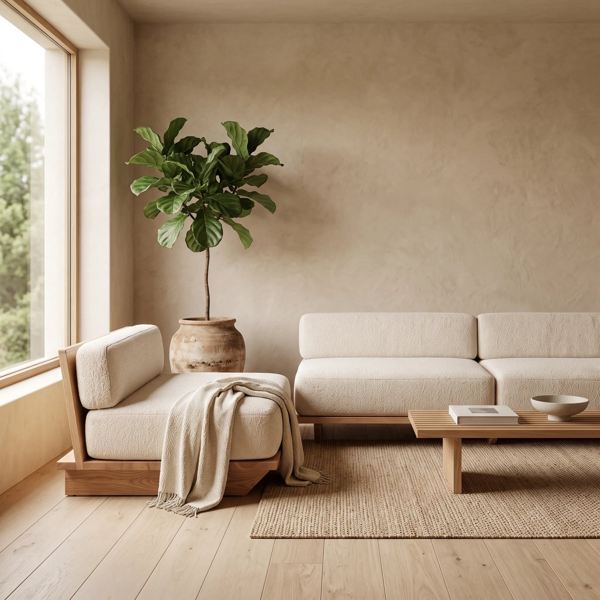 Sofá Modular Seccional Kyoto en Encino Natural y Bouclé - Ambientada | LEMICH Alta Ebanistería Residencial