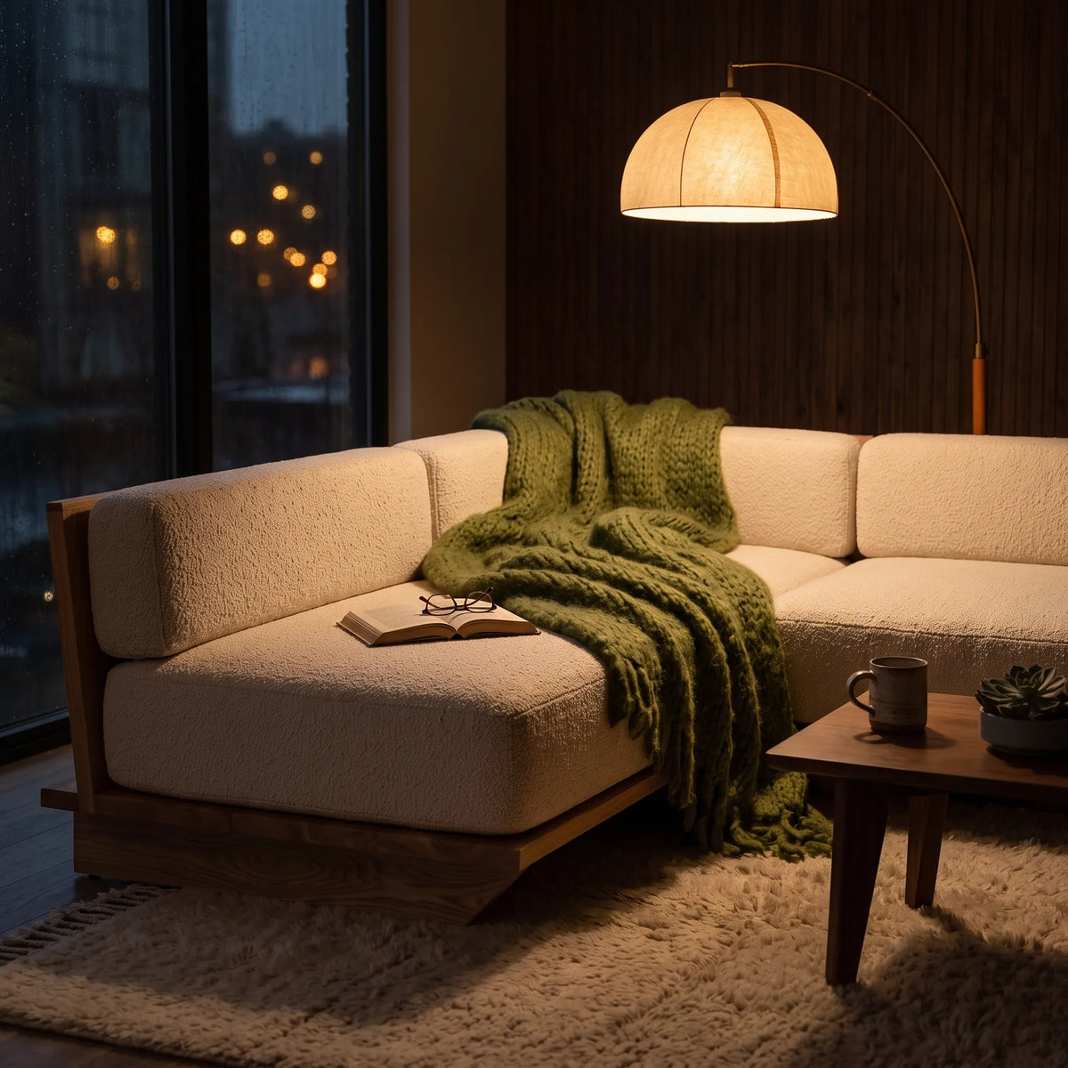 Sofá Modular Seccional Kyoto en Encino Natural y Bouclé - Ambientada | LEMICH Alta Ebanistería Residencial