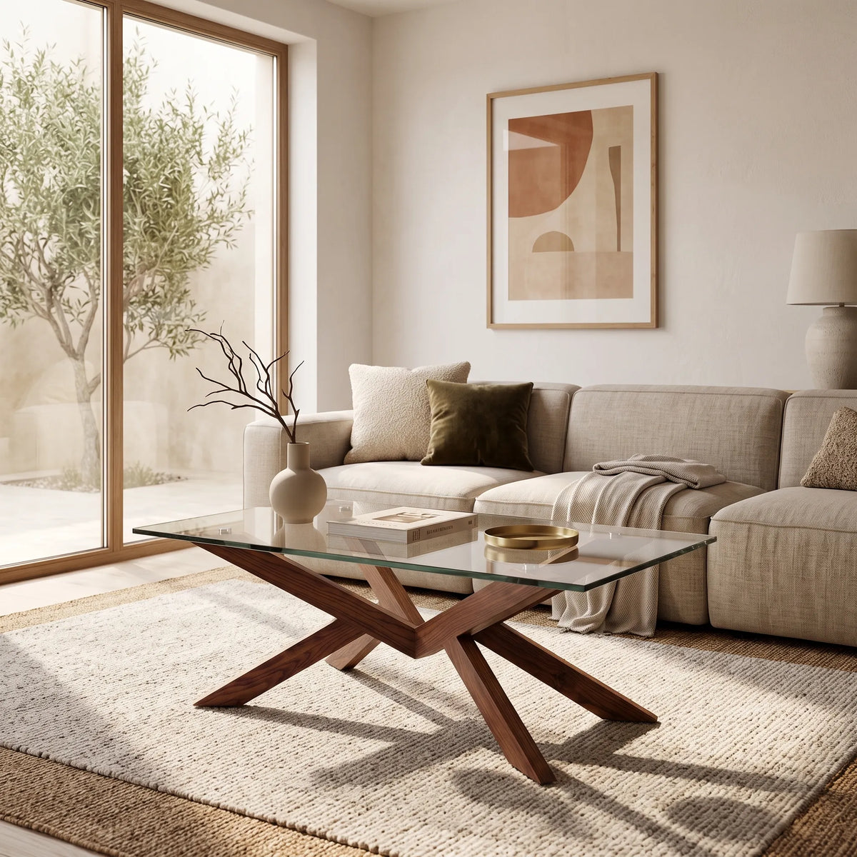 Mesa de Centro Origami en Nogal Sólido y Cristal Templado - Ambientada | LEMICH Alta Ebanistería Residencial