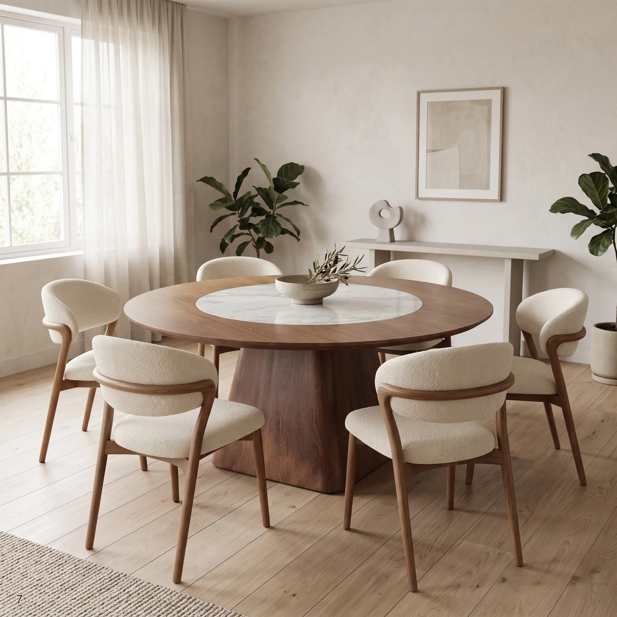 Mesa de Comedor Redonda en Nogal con Centro de Mármol Carrara y Pedestal Cónico - Ambientada | LEMICH Alta Ebanistería Residencial