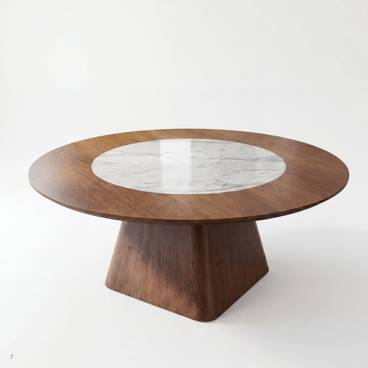 Mesa de Comedor Redonda en Nogal con Centro de Mármol Carrara y Pedestal Cónico - Hero Portada | LEMICH Alta Ebanistería Residencial