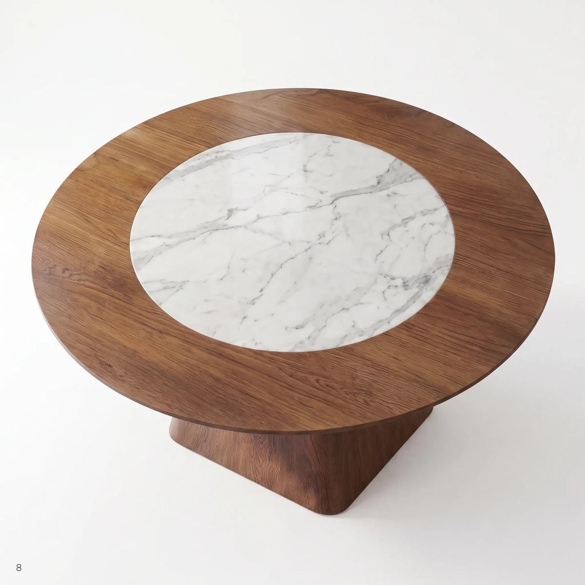Mesa de Comedor Redonda en Nogal con Centro de Mármol Carrara y Pedestal Cónico - Detalle de Ensamble | LEMICH Alta Ebanistería Residencial