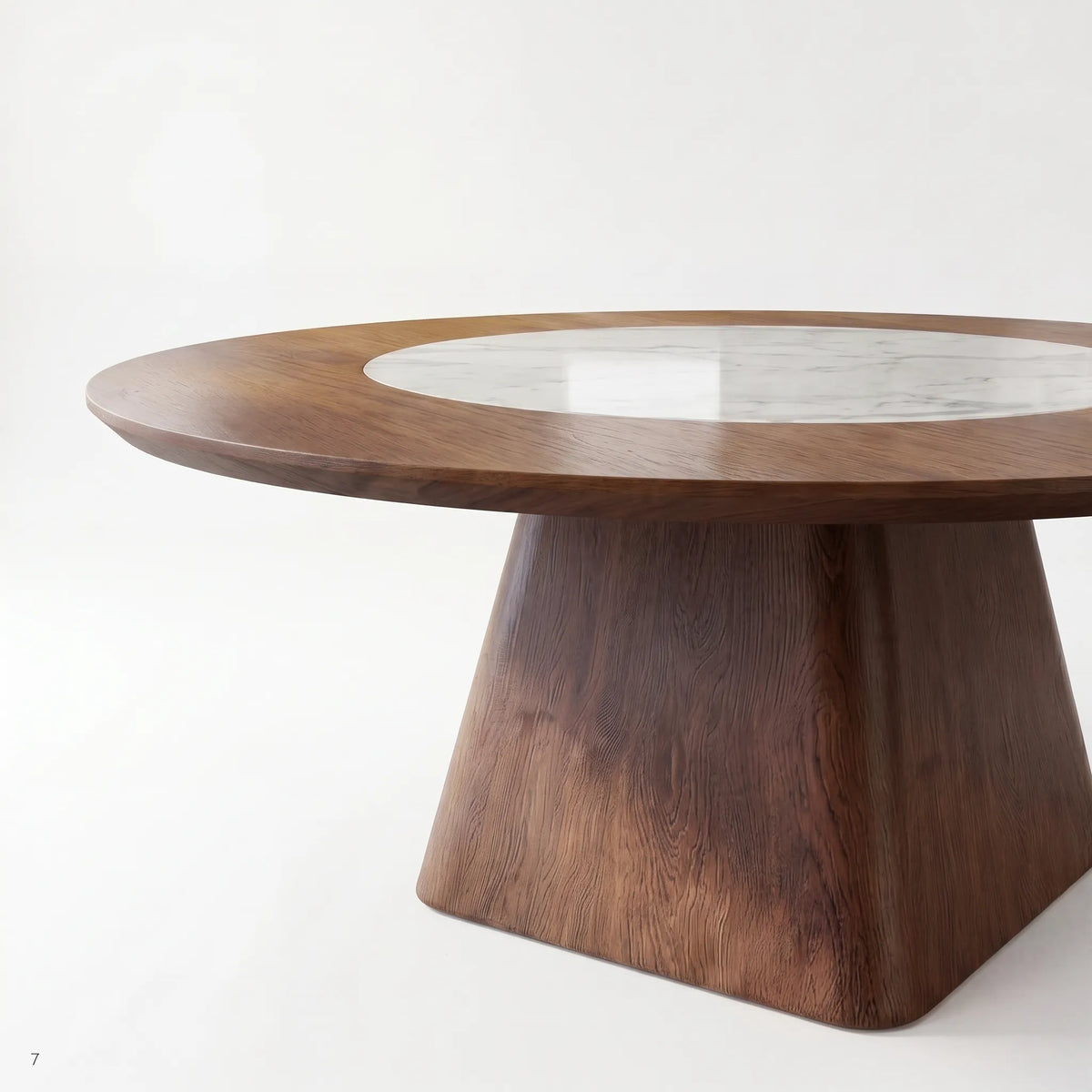 Mesa de Comedor Redonda en Nogal con Centro de Mármol Carrara y Pedestal Cónico - Detalle de Ensamble | LEMICH Alta Ebanistería Residencial