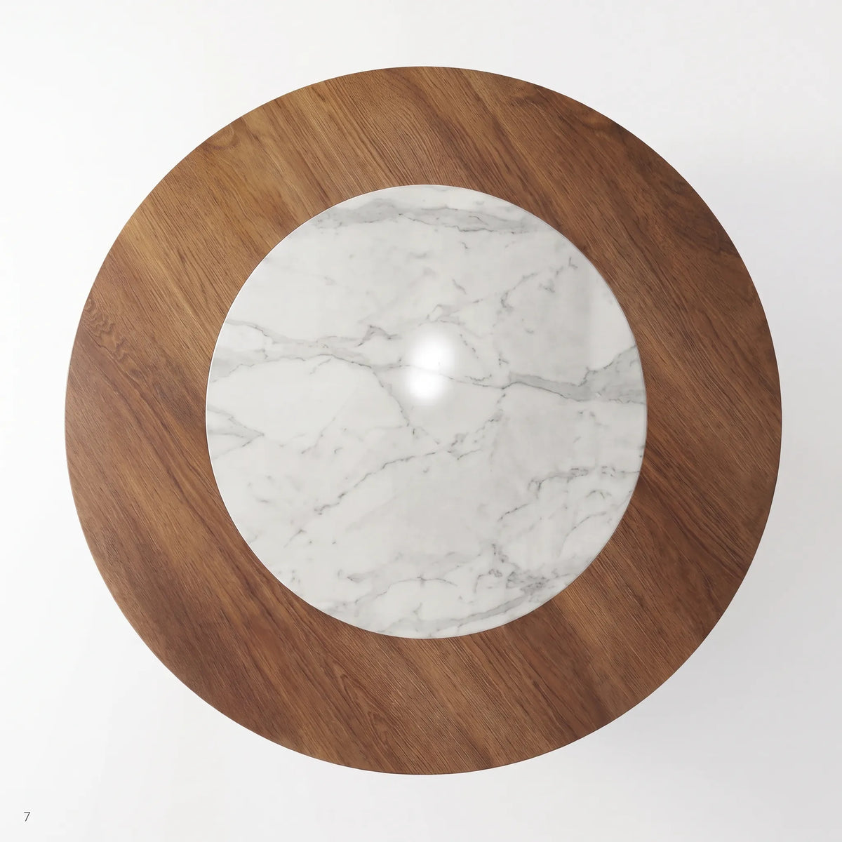 Mesa de Comedor Redonda en Nogal con Centro de Mármol Carrara y Pedestal Cónico - Detalle de Ensamble | LEMICH Alta Ebanistería Residencial