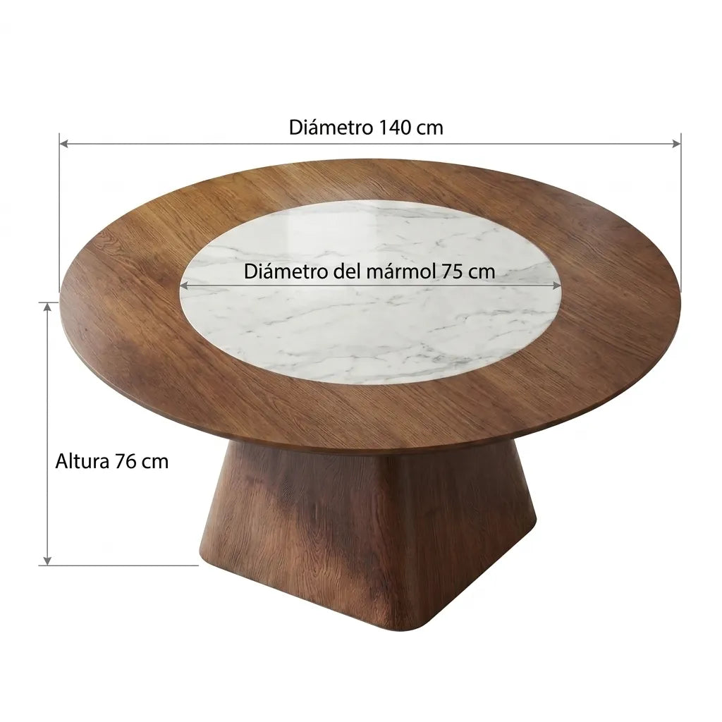 Mesa de Comedor Redonda en Nogal con Centro de Mármol Carrara y Pedestal Cónico - Detalle de Ensamble | LEMICH Alta Ebanistería Residencial