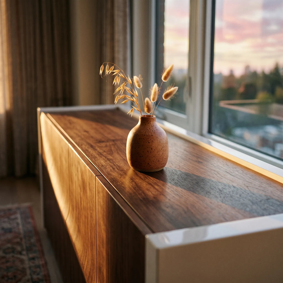 Credenza Escultural Duna en Nogal Tridimensional y Marco Blanco - Detalle de Ensamble | LEMICH Alta Ebanistería Residencial