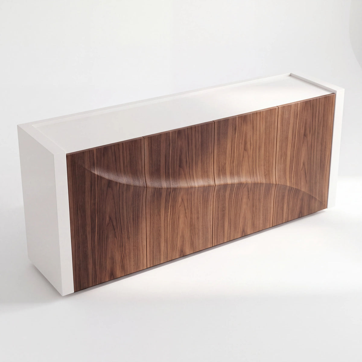 Credenza Escultural Duna en Nogal Tridimensional y Marco Blanco - Detalle de Ensamble | LEMICH Alta Ebanistería Residencial