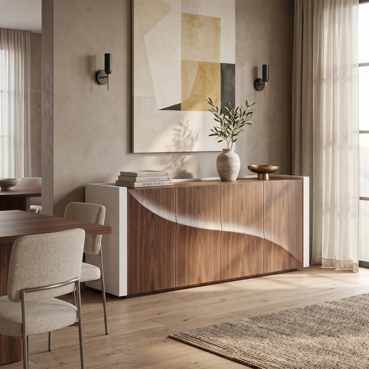 Credenza Escultural Duna en Nogal Tridimensional y Marco Blanco - Ambientada | LEMICH Alta Ebanistería Residencial