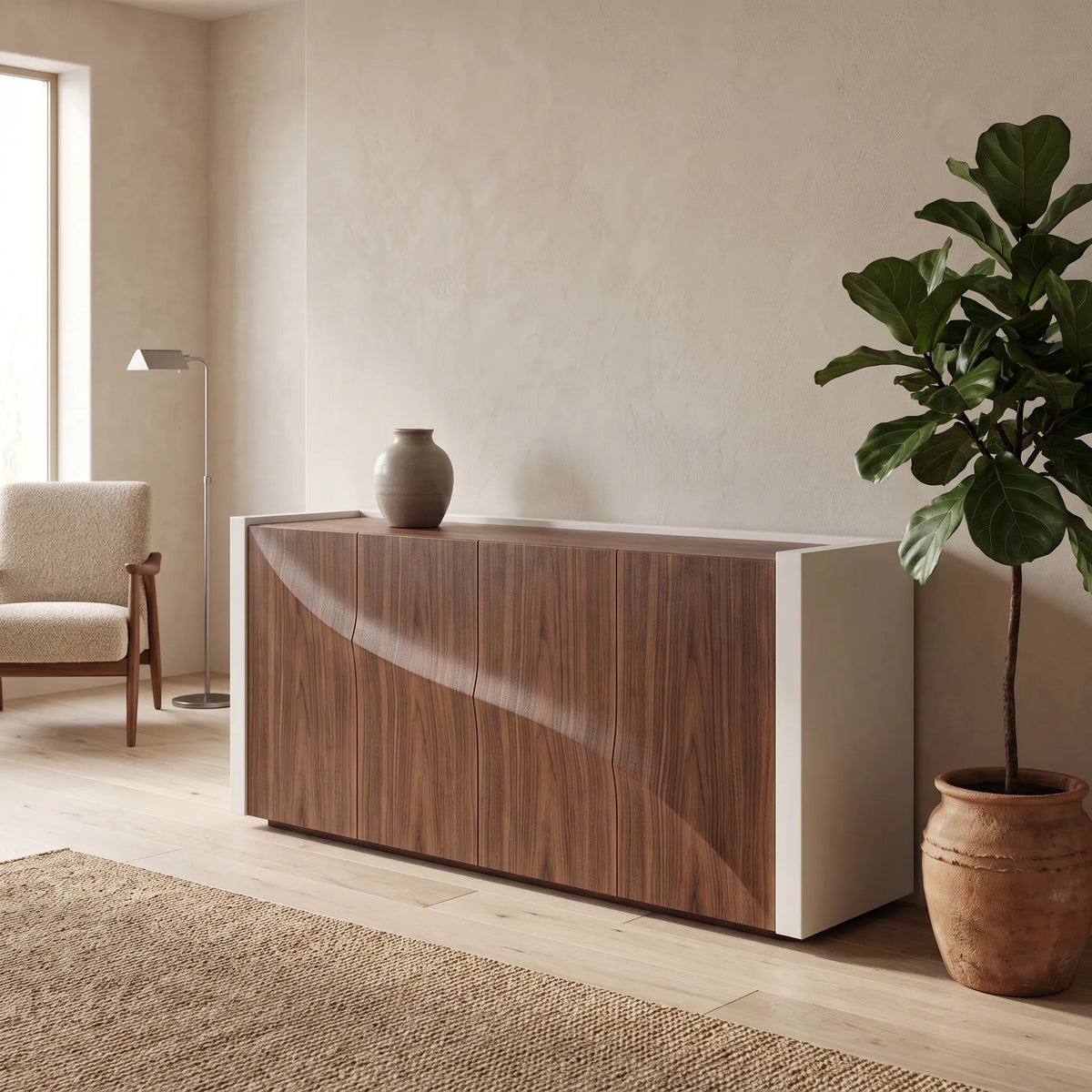 Credenza Escultural Duna en Nogal Tridimensional y Marco Blanco - Ambientada | LEMICH Alta Ebanistería Residencial