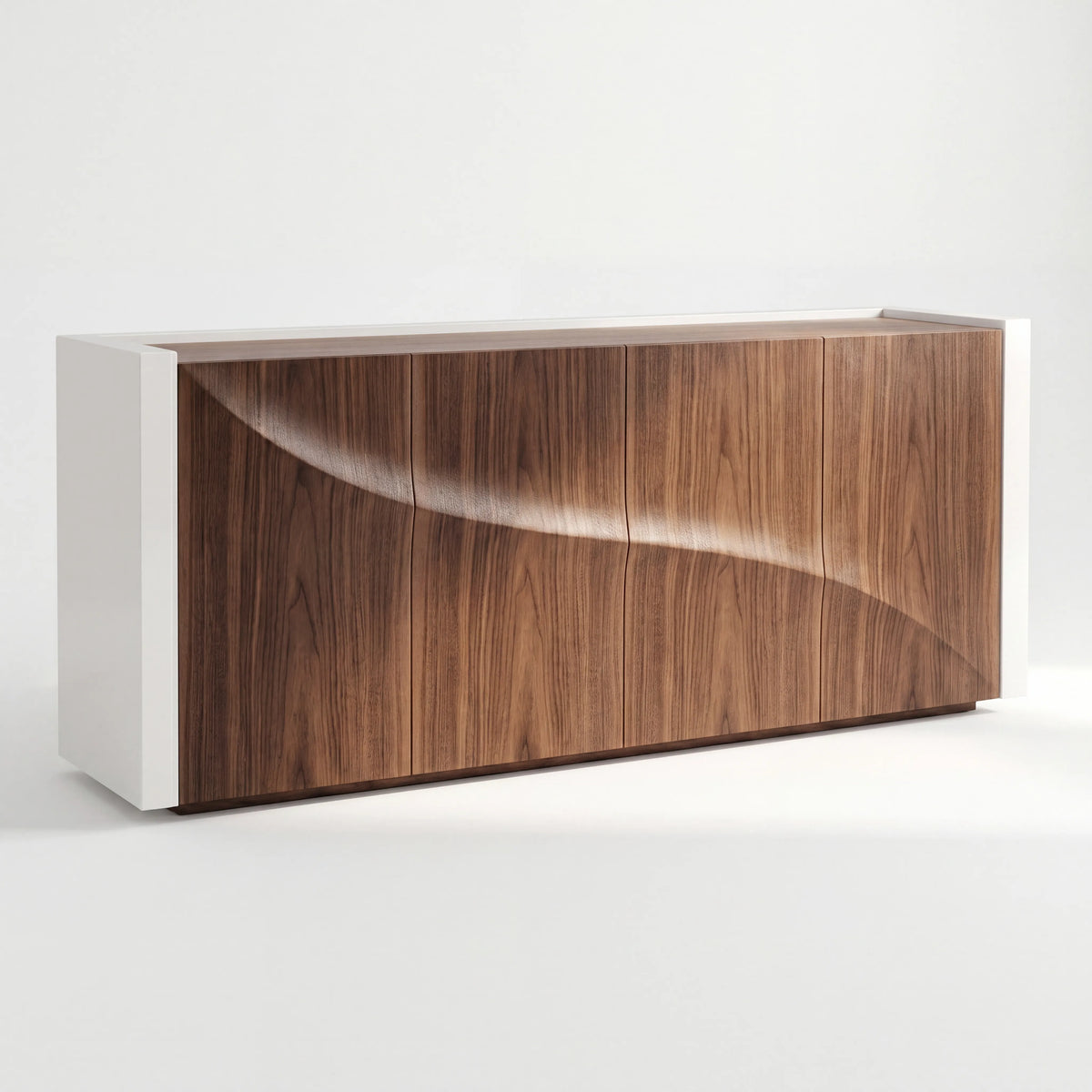 Credenza Escultural Duna en Nogal Tridimensional y Marco Blanco - Detalle de Ensamble | LEMICH Alta Ebanistería Residencial