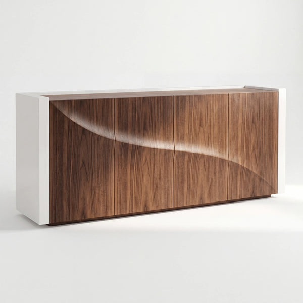 Credenza Escultural Duna en Nogal Tridimensional y Marco Blanco - Detalle de Ensamble | LEMICH Alta Ebanistería Residencial