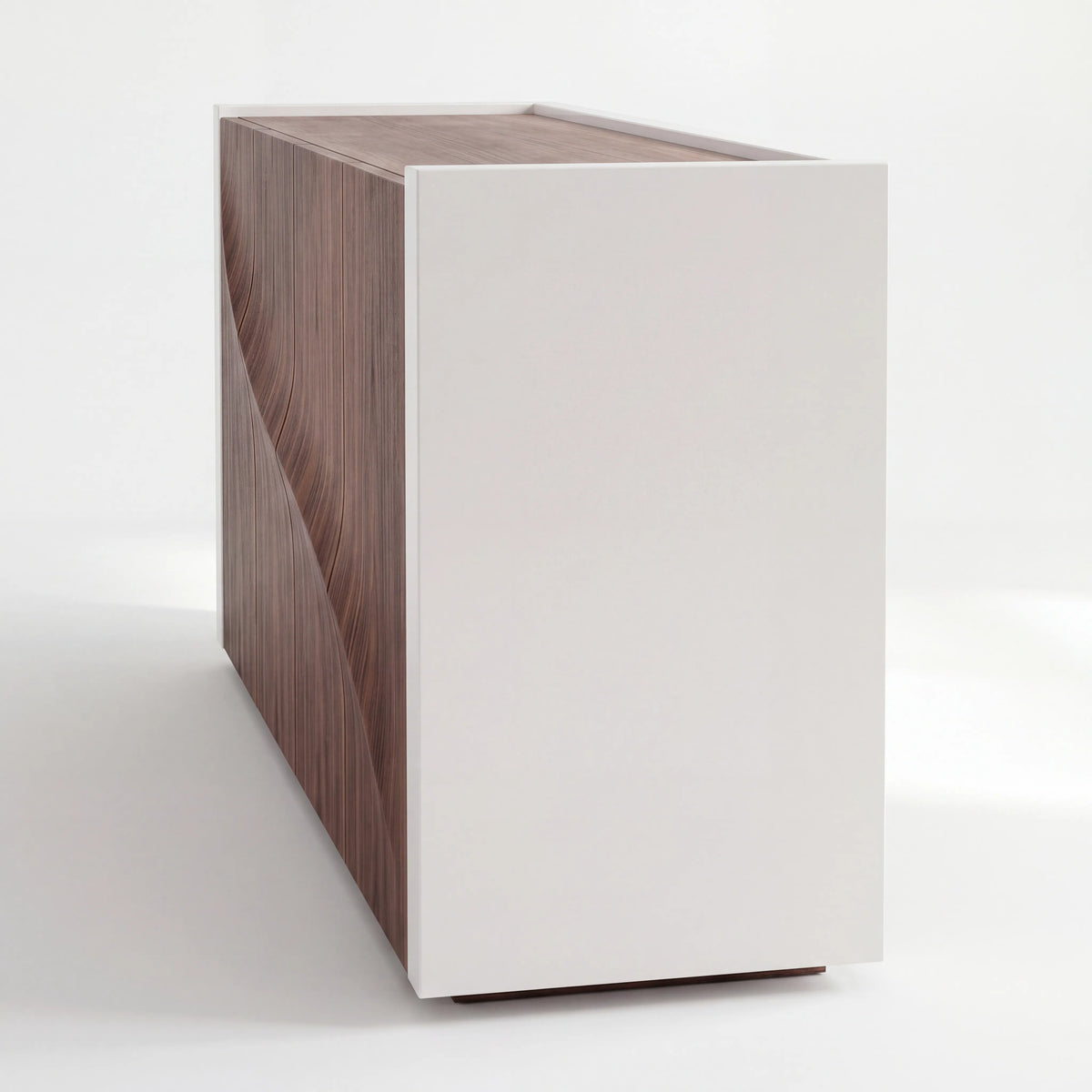 Credenza Escultural Duna en Nogal Tridimensional y Marco Blanco - Detalle de Ensamble | LEMICH Alta Ebanistería Residencial