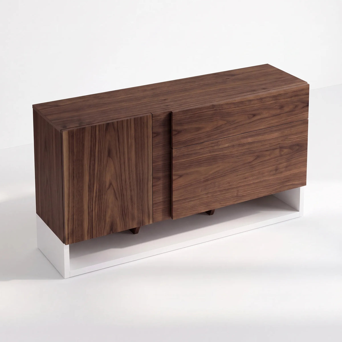Credenza / Buffet Asimétrico Kanso en Nogal y Base Blanca - Hero Portada | LEMICH Alta Ebanistería Residencial