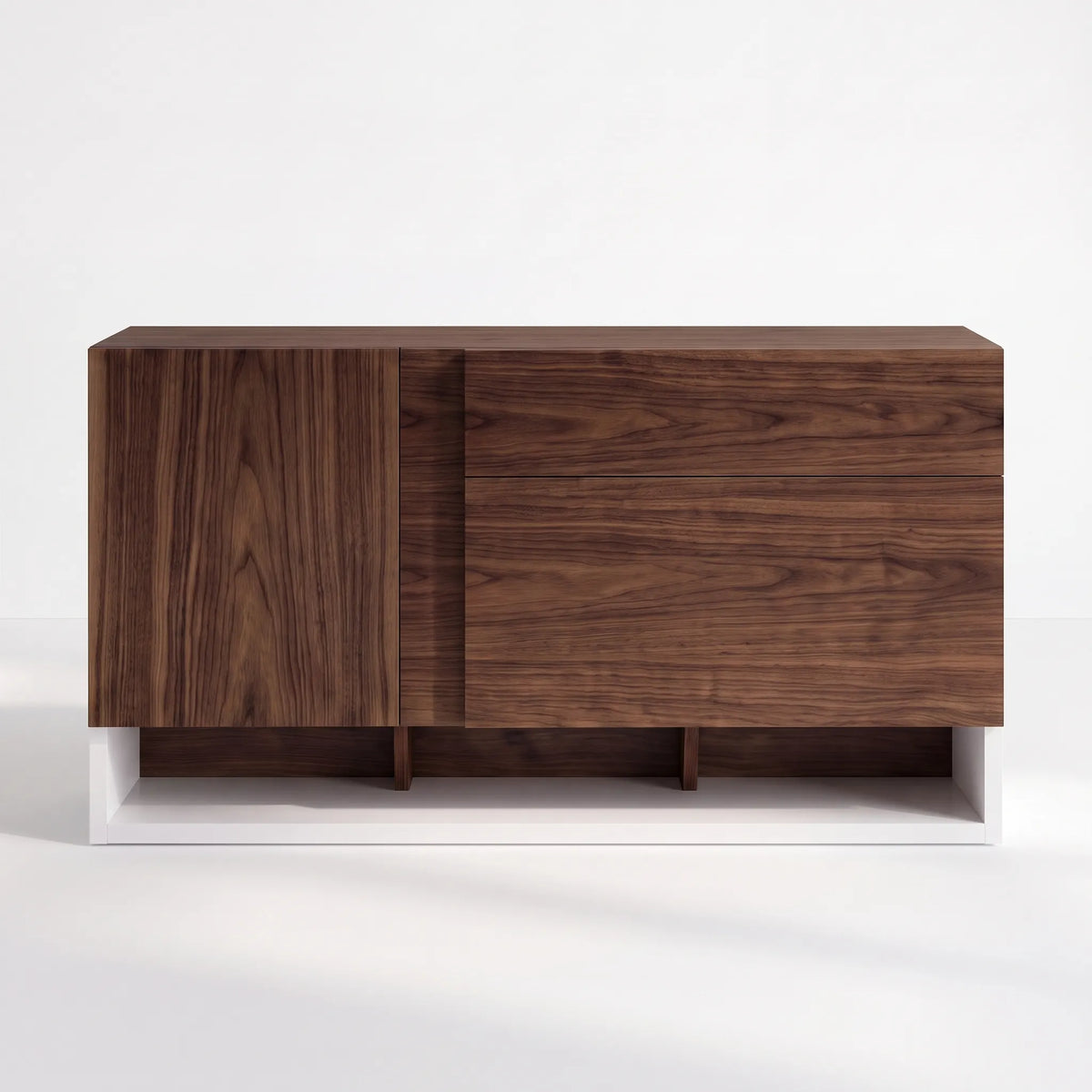 Credenza / Buffet Asimétrico Kanso en Nogal y Base Blanca - Detalle de Ensamble | LEMICH Alta Ebanistería Residencial