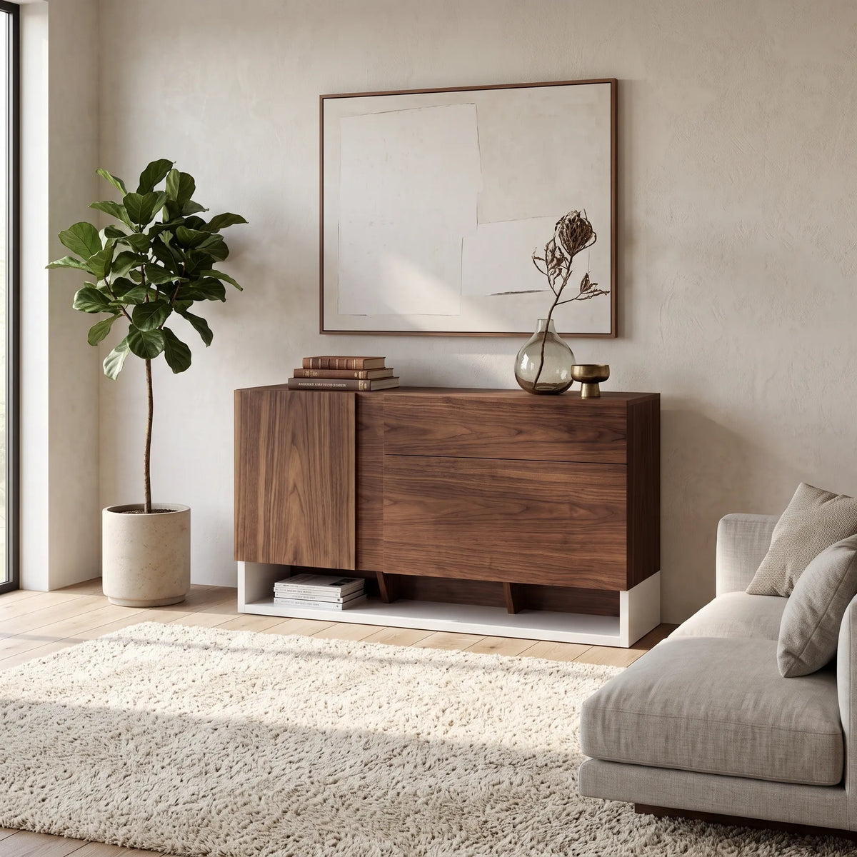 Credenza / Buffet Asimétrico Kanso en Nogal y Base Blanca - Ambientada | LEMICH Alta Ebanistería Residencial