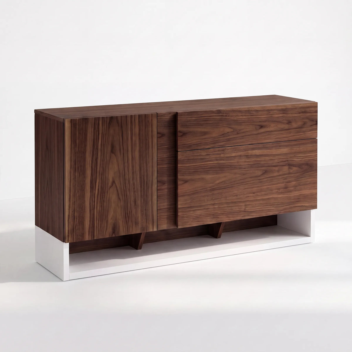 Credenza / Buffet Asimétrico Kanso en Nogal y Base Blanca - Detalle de Ensamble | LEMICH Alta Ebanistería Residencial