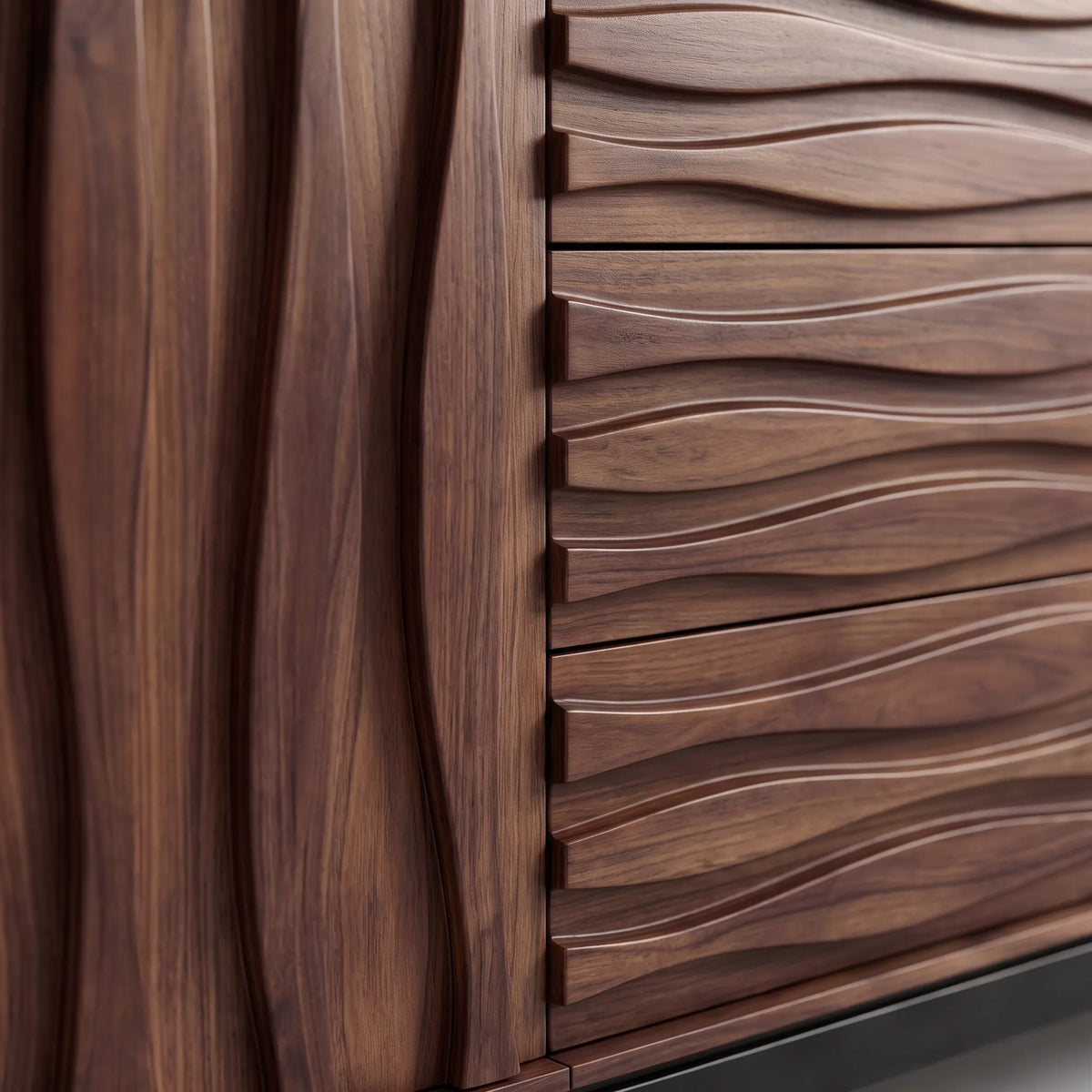 Buffet / Credenza Escultural Marea en Nogal Tallado y Herrería - Detalle de Ensamble | LEMICH Alta Ebanistería Residencial