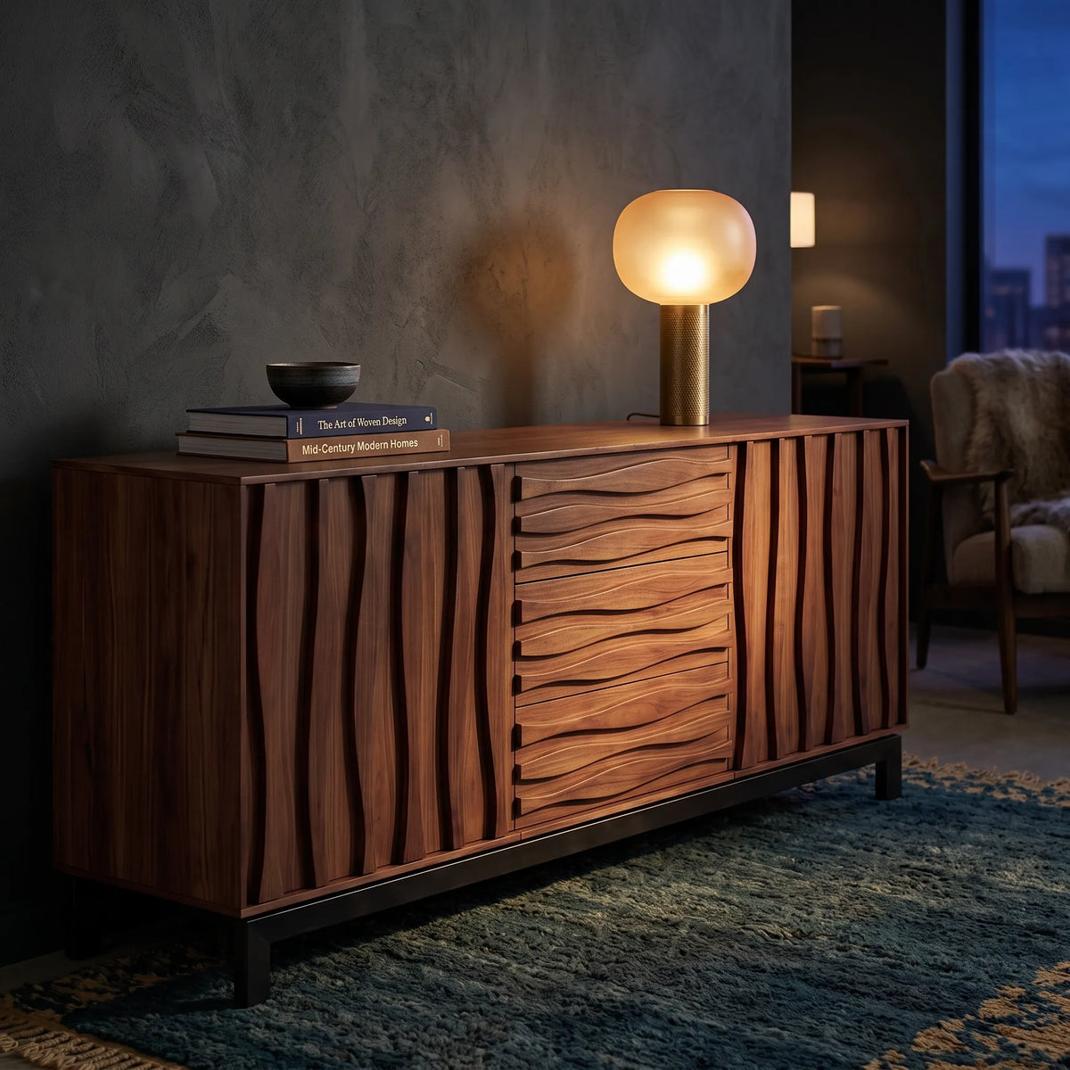 Buffet / Credenza Escultural Marea en Nogal Tallado y Herrería - Detalle de Ensamble | LEMICH Alta Ebanistería Residencial