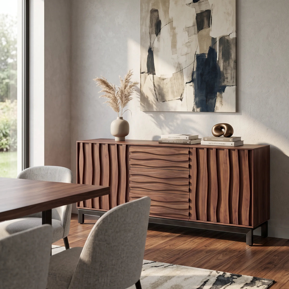 Buffet / Credenza Escultural Marea en Nogal Tallado y Herrería - Ambientada | LEMICH Alta Ebanistería Residencial