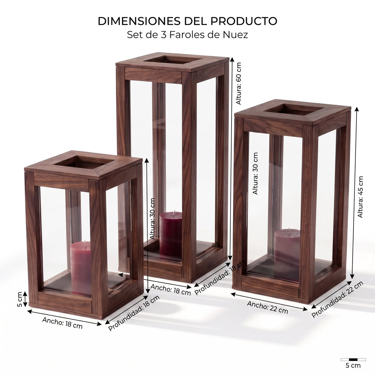Set de 3 Faroles Decorativos Lumina en Nogal Sólido y Cristal - Detalle de Ensamble | LEMICH Alta Ebanistería Residencial