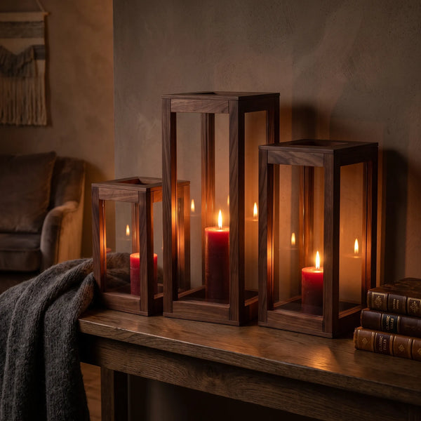 Set de 3 Faroles Decorativos Lumina en Nogal Sólido y Cristal - vista alternativa